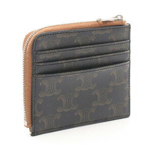 Celine Wallet card holder Leather Brown Triomphe Zipped Canvas